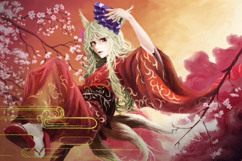 akaikitsune animal_ears bad_id blonde_hair cherry_blossoms dress fan floral_print fox_ears fox_tail japanese_clothes kimono long_hair multiple_tails obi open_mouth original red_dress red_eyes sash solo tail tree