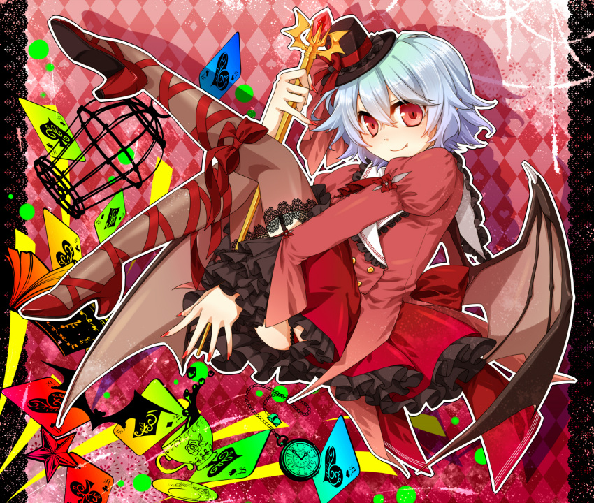 alternate_costume ankle_lace-up bat_wings birdcage blue_hair cage card clock cross-laced_footwear cup fang frills gathers gradient hat highres kuronohana nail_polish red_eyes remilia_scarlet short_hair smile solo teacup thighhighs touhou wings