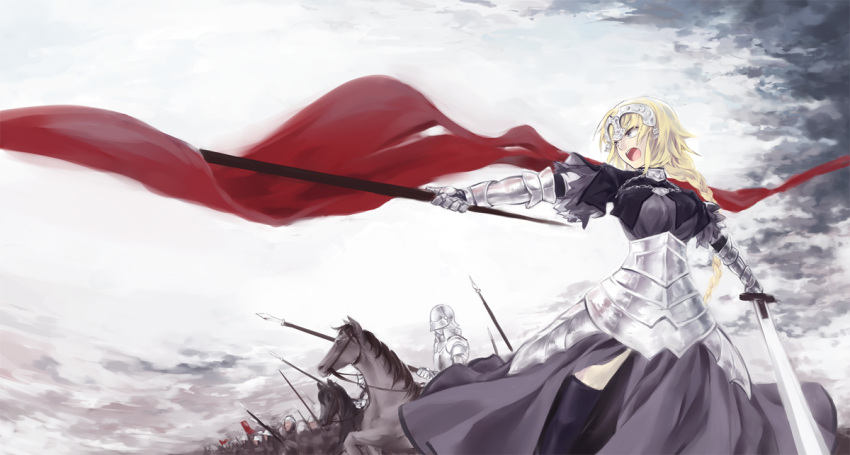 armor armored_dress army blonde_hair braid dress fate/apocrypha fate_(series) flag gauntlets headpiece horse horses jeanne_d'arc_(fate/apocrypha) jeanne_d'arc_(fate/apocrypha) knight long_hair purple_eyes ruler_(fate/apocrypha) sionnav solo sword thigh-highs thighhighs violet_eyes weapon