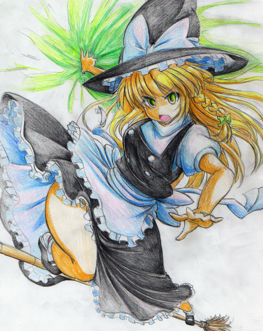 apron blonde_hair braid broom broom_surfing colored_pencil_(medium) frown green_eyes hands hat highres kirisame_marisa kitazinger long_hair looking_at_viewer magic open_mouth outstretched_hand perspective petticoat side_braid slip_skirt solo thigh-highs thighhighs touhou traditional_media waist_apron witch witch_hat yellow_eyes
