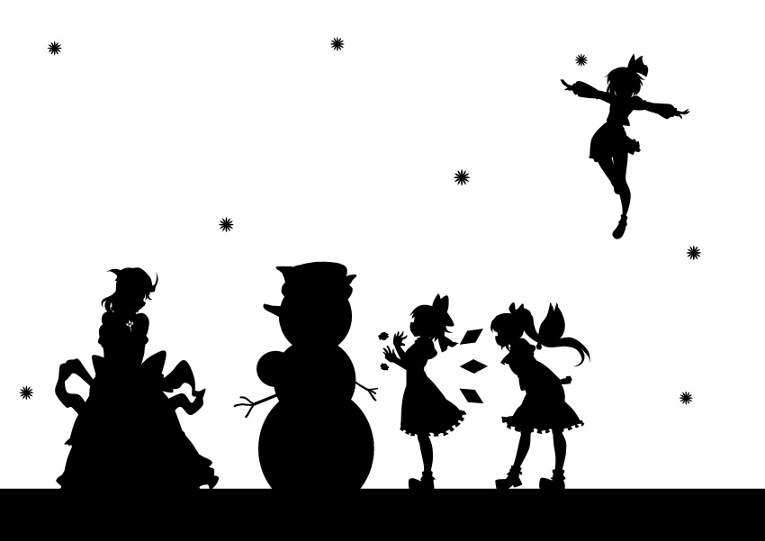 absurdres bow cirno daiyousei flying greyscale hair_bow highres kitazinger letty_whiterock long_hair monochrome multiple_girls outstretched_arms rumia short_hair silhouette snowflakes snowman spread_arms the_embodiment_of_scarlet_devil touhou wings youkai