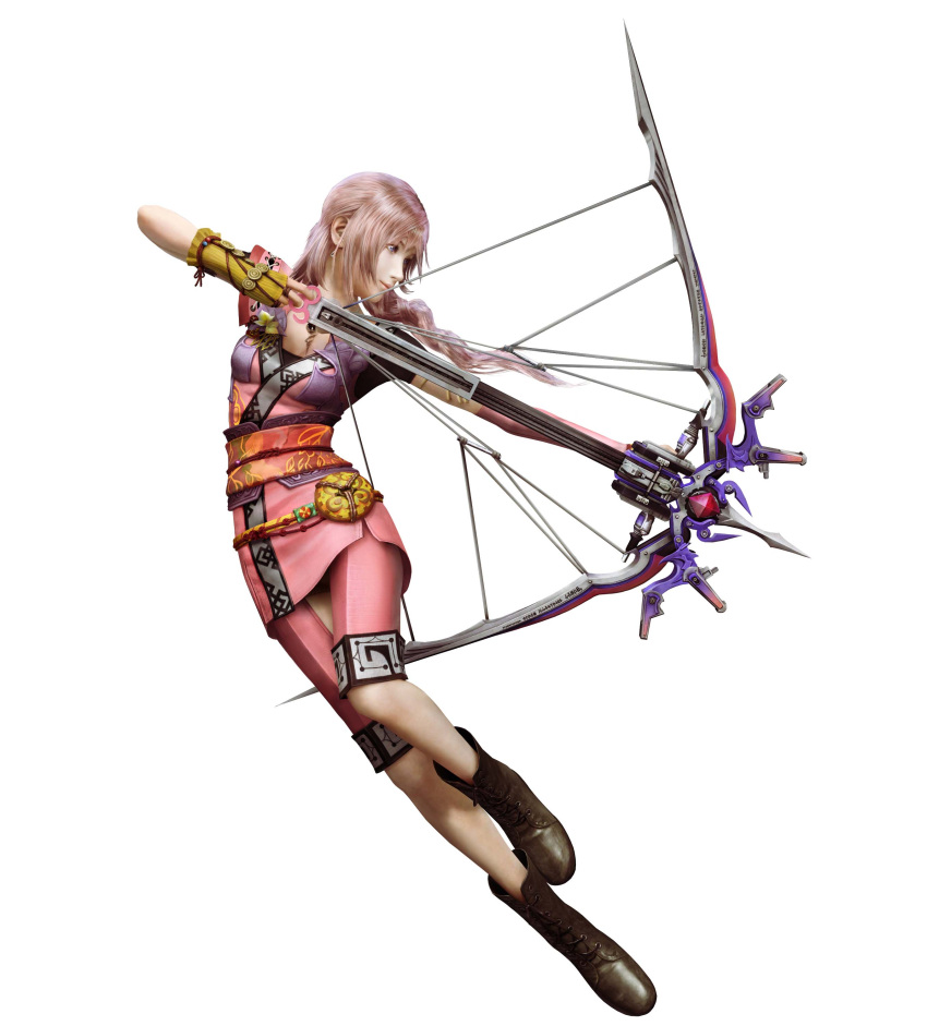 3d absurdres alternate_costume boots bow_(weapon) crossbow final_fantasy final_fantasy_xiii final_fantasy_xiii-2 highres jpeg_artifacts official_art pink_hair serah_farron side_ponytail simple_background smile solo weapon white_background