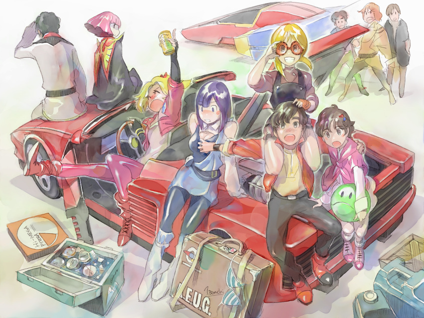 5girls beecha_oleg blonde_hair blush boots breast_grab breasts bright_noa brown_hair can car carrying cooler elle_vianno elpeo_puru ferrari ferrari_testarossa glasses grin gundam gundam_zz haman_karn haro highres ino_abbav judau_ashta left-hand_drive leina_ashta long_hair looking_back mondo_agake motor_vehicle multiple_boys multiple_girls open_mouth orange_hair pantyhose pink_hair pomodorosa purple_hair risa_hibiki roux_louka short_hair sitting sitting_on_car sleeves_rolled_up smile suitcase vehicle