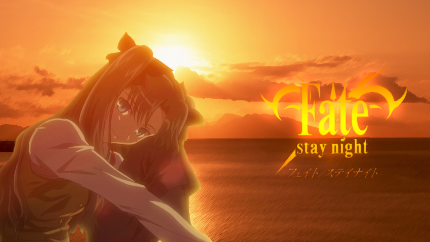 1girl black_hair blue_eyes copyright_name fate/stay_night fate_(series) hair_ribbon long_hair official_art ribbon sky smile solo sunset toosaka_rin two_side_up
