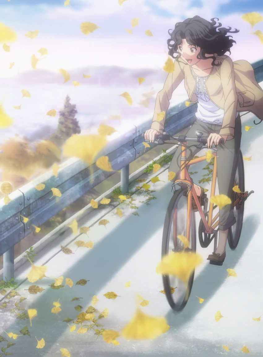 1girl amagami bicycle black_hair highres leaf riding road screencap smile solo stitched tanamachi_kaoru wavy_hair
