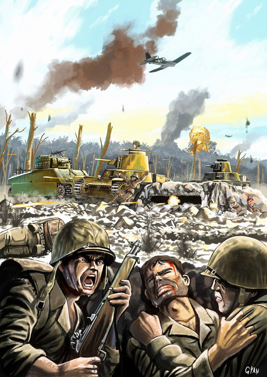 aircraft airplane back battlefield bleeding blood blood_in_mouth blood_on_face bottle bren_lmg brown_hair buckle bunker caterpillar_tracks chest_hair clenched_teeth closed_eyes clothes_grab corpse death explosion f4u_corsair falling fire firing forest gun gyan_(akenosuisei) hand_on_shoulder headshot helmet highres injury looking_at_another lying m1_garand m4_sherman m5_stuart machine_gun military military_uniform military_vehicle multiple_boys nature on_side open_mouth original pacific_war pouches rifle sherman signature sky smoke soldiers star tank the_pacific tree type_95_ha-go type_95_ha-gou type_96 uniform vehicle war weapon wince world_war_ii