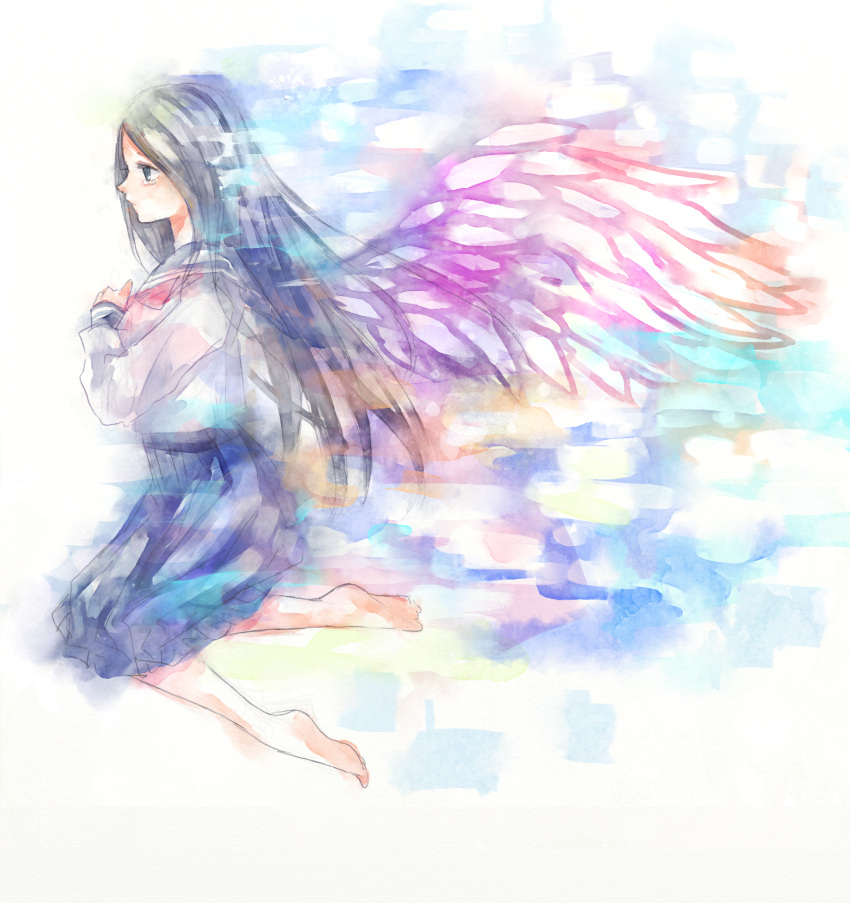 1girl barefoot highres long_hair original school_uniform serafuku solo wakatsuki_you wings