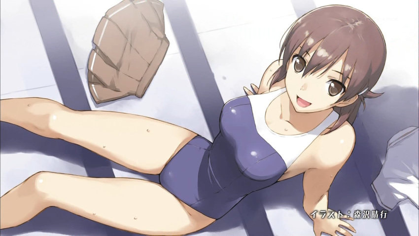 bare_shoulders breasts brown_eyes brown_hair competition_swimsuit eyecatch from_above highres kyouno_madoka large_breasts legs long_hair looking_at_viewer looking_up morisawa_haruyuki one-piece_swimsuit pleated_skirt pov rinne_no_lagrange school_uniform screencap short_hair sitting skirt smile solo source_request swimsuit