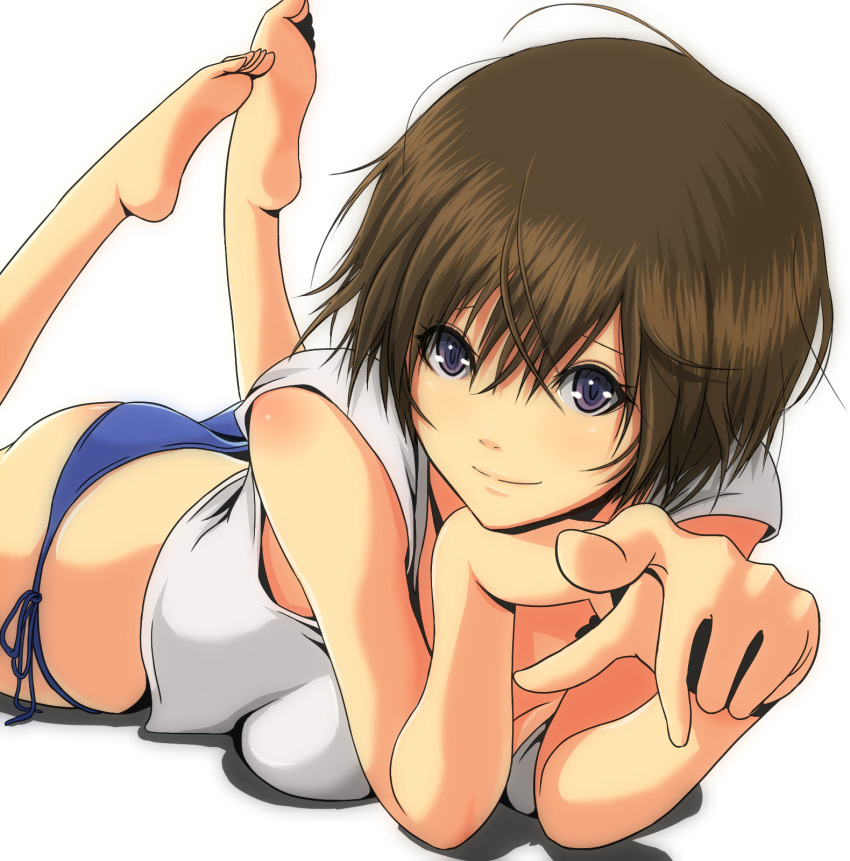 barefoot blue_eyes brown_hair face feet foreshortening girigiri hands highres lips lying on_stomach original panties pointing side-tie_panties smile soles solo toes underwear