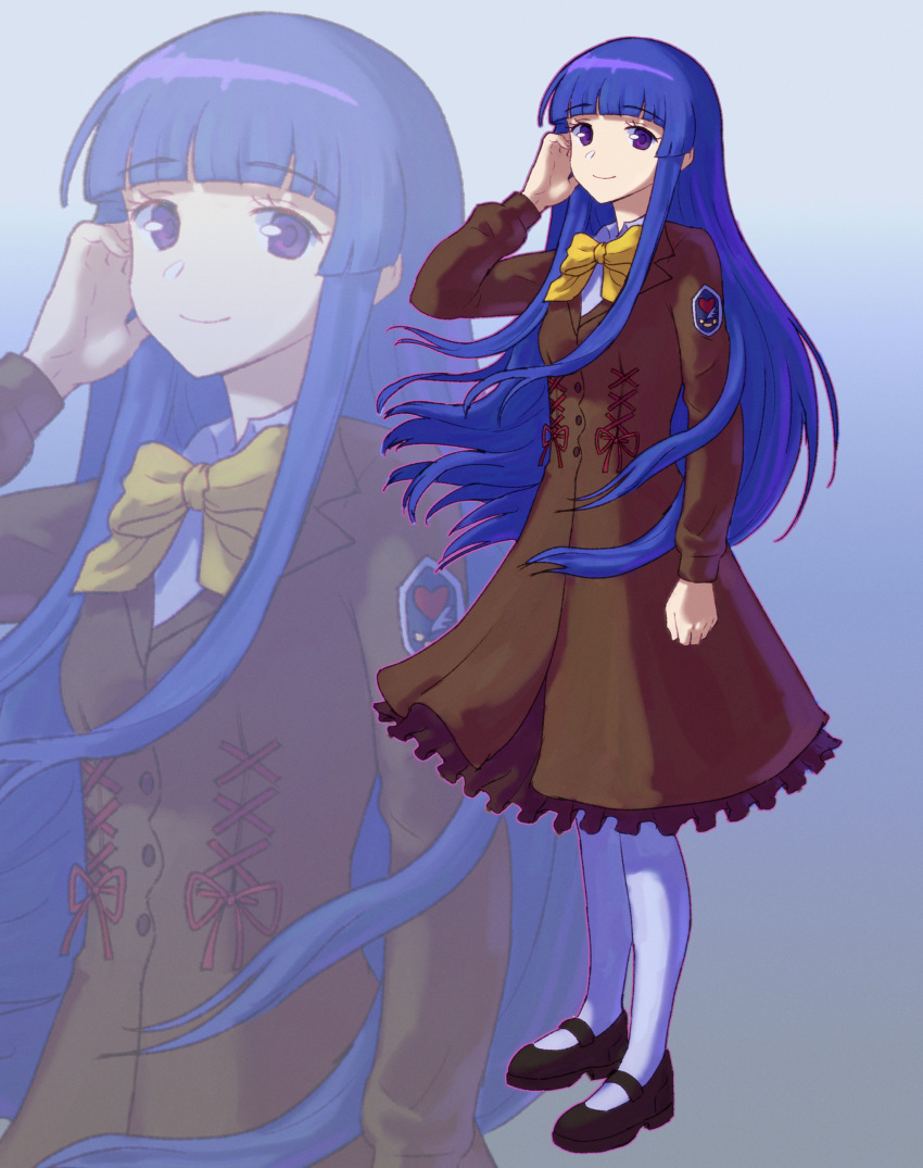 1girl absurdres aged_up black_footwear blue_hair blunt_bangs bow bowtie brown_dress buttons closed_mouth dress emblem eyelashes full_body furude_rika gradient_background hand_up heart highres higurashi_no_naku_koro_ni long_hair long_sleeves looking_at_viewer mary_janes outline pantyhose pink_outline purple_pupils red_ribbon ribbon shoes sidelocks smile solo standing very_long_hair violet_eyes white_pantyhose yellow_bow yellow_bowtie zawabug zoom_layer