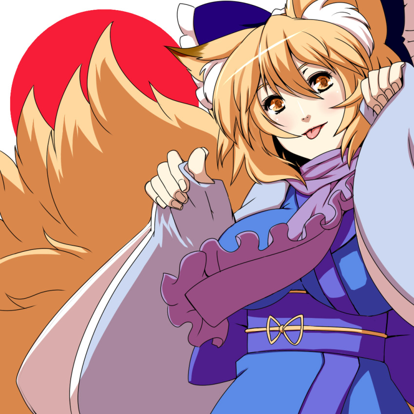 :p alternate_headwear blonde_hair blue_dress blush bow dearmybrothers dress fox_tail hair_bow impossible_clothes impossible_clothing japanese_clothes kimono multiple_tails no_hat no_headwear obi sash scarf short_hair smile solo tail tongue tongue_out touhou yakumo_ran yellow_eyes