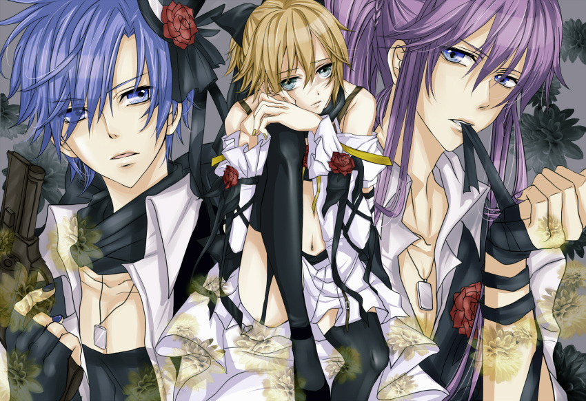 3boys biting blonde_hair blue_eyes crossdressinging dog_tags dress flower gun kagamine_len kaito kamui_gakupo male midriff mini_top_hat multiple_boys nail_polish open_shirt purple_hair ribbon rose scarf sitting vocaloid