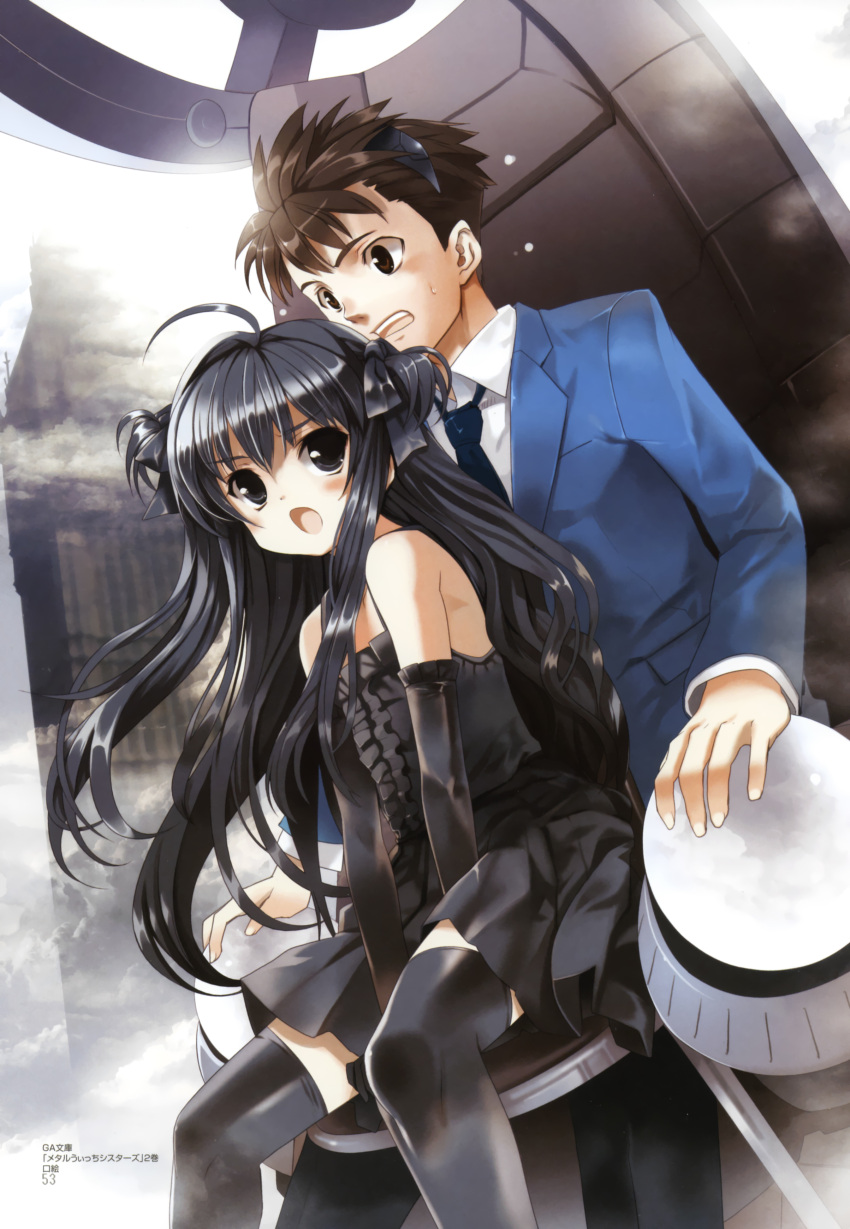 1girl :o absurdres ahoge bare_shoulders black_dress black_eyes black_gloves black_hair black_legwear blush bow brown_eyes brown_hair chair character_request dress elbow_gloves gloves hair_bow hair_ribbon highres koin koin_(foxmark) long_hair metal_witch_sisters necktie open_mouth ribbon scan school_uniform short_hair short_twintails sitting sweat thigh-highs thighhighs twintails two_side_up