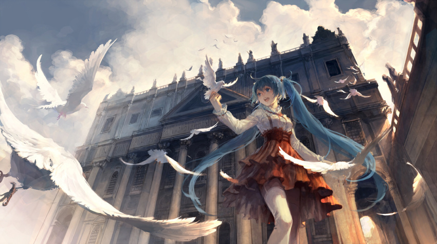 aqua_eyes aqua_hair architecture bird cloudy_sky dove dress feathers garter_straps hatsune_miku italy landmark long_hair perspective silverwing smile solo thigh-highs thighhighs twintails vatican very_long_hair vocaloid white_legwear