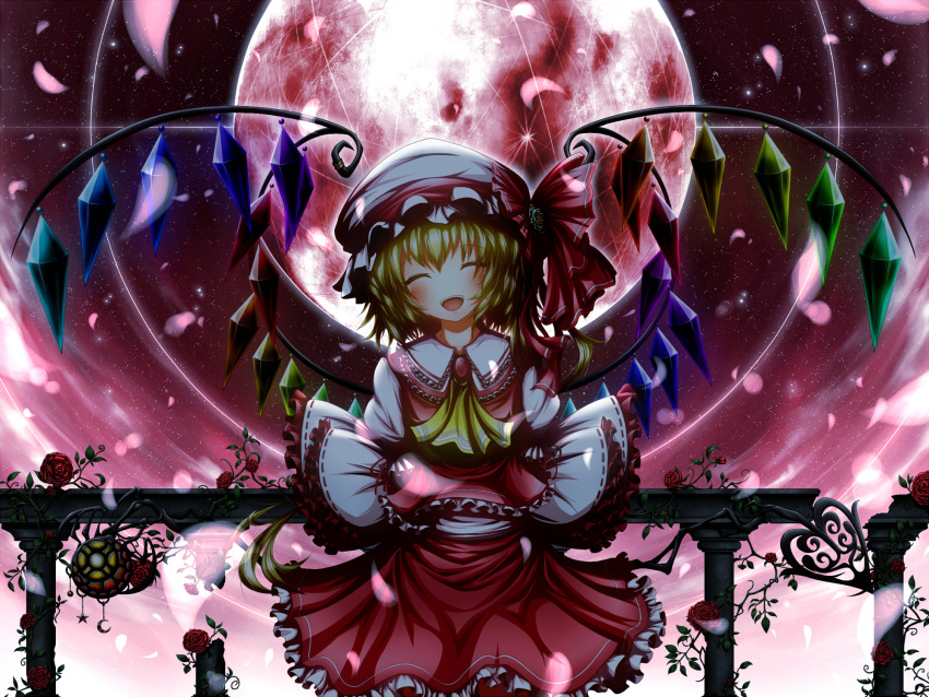 arms_behind_back ascot blush bow brooch closed_eyes embellished_costume eyes_closed flandre_scarlet flower frills full_moon gem hat hat_bow head_tilt highres jewelry laevatein long_hair moon open_mouth red_moon rose side_ponytail skirt skirt_set smile solo star_(sky) tears the_embodiment_of_scarlet_devil touhou ugume vines wings