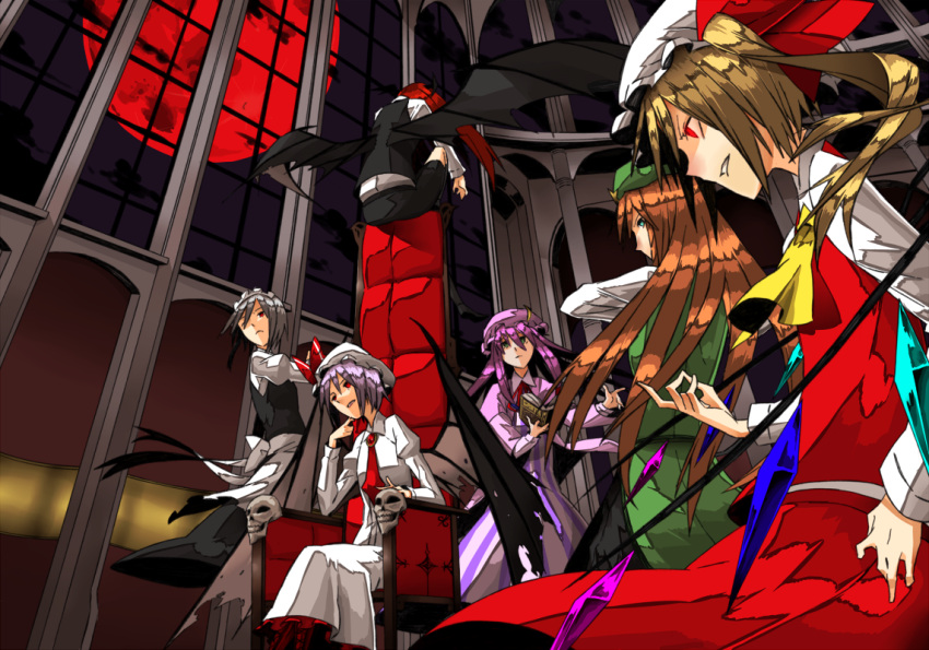 apron ascot back bat_wings blonde_hair blue_eyes blue_hair book bow brooch crescent cross-laced_footwear crossed_arms devil dress dress_shirt everyone fighting_stance flandre_scarlet frown full_moon glowing glowing_eyes grin hand_on_own_cheek hat hat_bow hat_ribbon head_wings hime_cut hong_meiling izayoi_sakuya jewelry karori_(c-side) koakuma lavender_hair long_hair long_sleeves looking_back low_wings maid maid_headdress moon multiple_girls night night_sky open_book orange_hair patchouli_knowledge payot pointing purple_dress purple_hair red_eyes red_hair red_moon redhead remilia_scarlet ribbon scarlet_devil_mansion shirt side_ponytail silver_hair sitting skirt skirt_set skull sky smile squatting star striped striped_dress the_embodiment_of_scarlet_devil throne touhou vertical_stripes very_long_hair vest waist_apron window wings