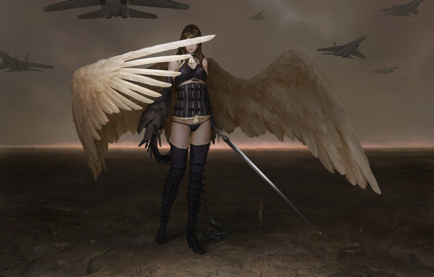 airplane ammunition_belt angel bare_shoulders barren boots brown_hair choker claymore_(sword) cloudy_sky corset covering covering_eyes covering_face dark elbow_gloves gloves gun high_heels horizon jet johannes_voss lips long_hair long_image machine_gun original panties photorealistic plane shoes signature solo standing strap sword thigh-highs thigh_boots thighhighs twilight underwear wasteland weapon white_wings wide_image wings