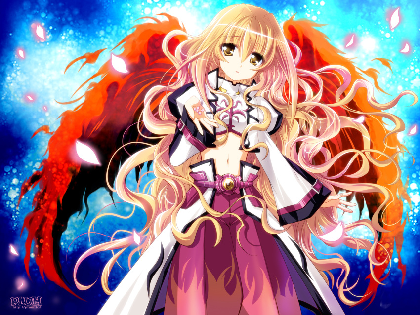 belt blonde_hair character_request cherry_blossoms fiery_wings flat_chest highres kanna_(plum) long_hair looking_at_viewer lyrical_nanoha mahou_shoujo_lyrical_nanoha mahou_shoujo_lyrical_nanoha_a's mahou_shoujo_lyrical_nanoha_a's_portable:_the_battle_of_aces mahou_shoujo_lyrical_nanoha_a's_portable:_the_gears_of_destiny midriff navel solo u-d unbreakable_darkness very_long_hair wide_sleeves wings yellow_eyes