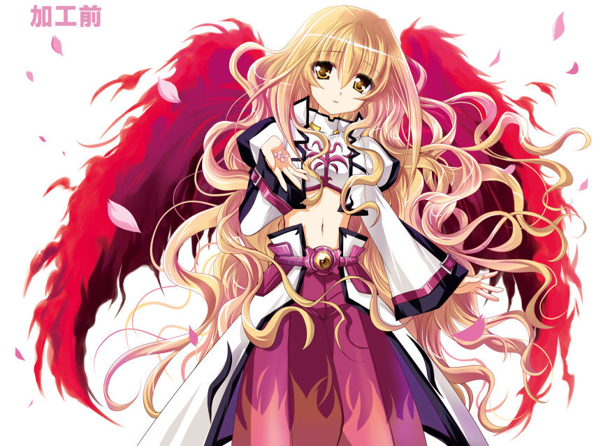 belt blonde_hair character_request cherry_blossoms fiery_wings flat_chest highres kanna_(plum) long_hair looking_at_viewer lyrical_nanoha mahou_shoujo_lyrical_nanoha mahou_shoujo_lyrical_nanoha_a's mahou_shoujo_lyrical_nanoha_a's_portable:_the_battle_of_aces mahou_shoujo_lyrical_nanoha_a's_portable:_the_gears_of_destiny midriff navel simple_background solo u-d unbreakable_darkness very_long_hair wide_sleeves wings yellow_eyes