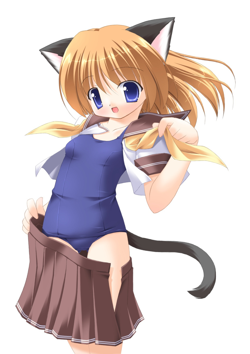:d animal_ears artist_request blue_eyes cat_ears cat_tail character_request highres one-piece_swimsuit open_mouth orange_hair school_swimsuit school_uniform smile source_request swimsuit tail undressing