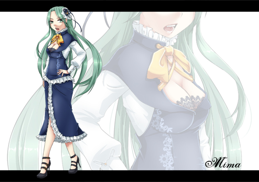 alternate_costume bad_id breasts capelet character_name cleavage cleavage_cutout frills geike green_eyes green_hair hand_on_hip high_heels hips letterboxed long_hair mima no_hat no_headwear shoes solo touhou touhou_(pc-98) very_long_hair zoom_layer