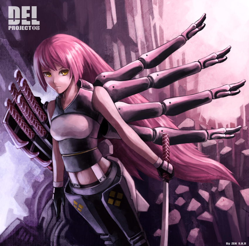 blade highres katana long_hair md5_mismatch multiple_arms original red_hair redhead resized solo sword weapon yellow_eyes zen_(jirakun)