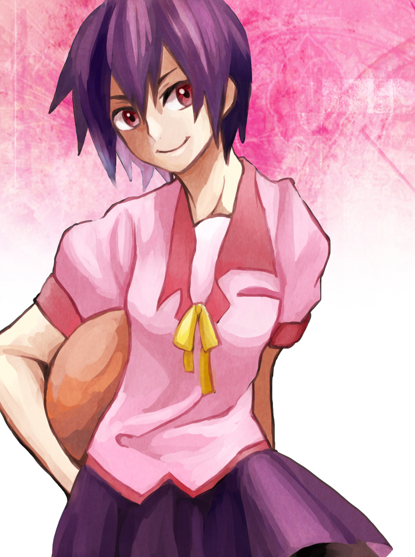 1710_tomato 1girl bakemonogatari basketball highres kanbaru_suruga monogatari_(series) purple_hair red_eyes school_uniform short_hair short_sleeves skirt smile solo