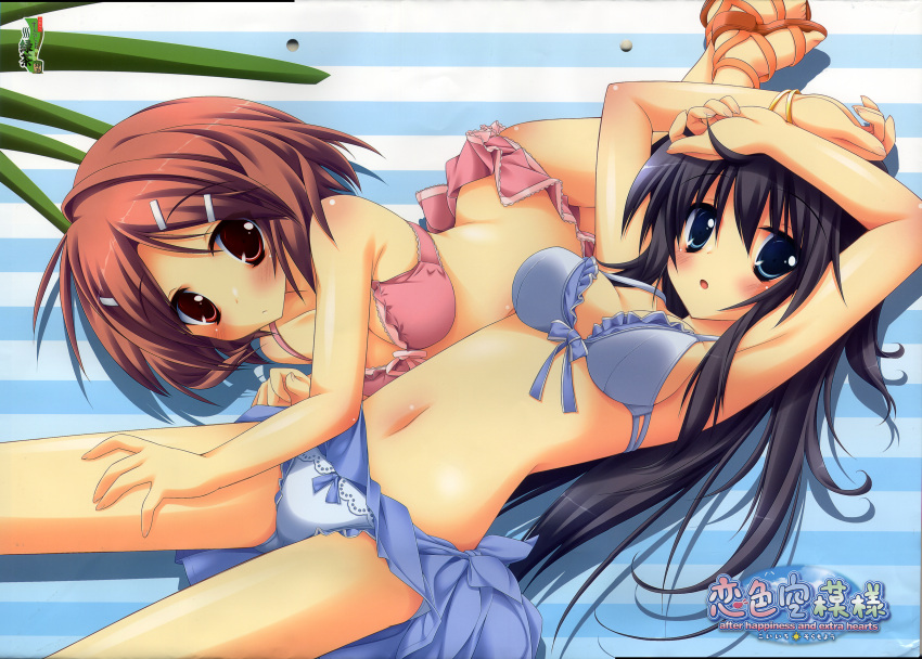 :o absurdres armpits bikini black_hair blush bracelet breasts cleavage frilled_bikini frills front-tie_top gotou_nao hair_ornament hairclip hattori_aya highres jewelry kanou_kayoko koiiro_soramoyou long_hair looking_at_viewer lucie lying multiple_girls navel on_back on_side sandals sarong shiny shiny_skin sideboob strap_gap striped striped_background swimsuit