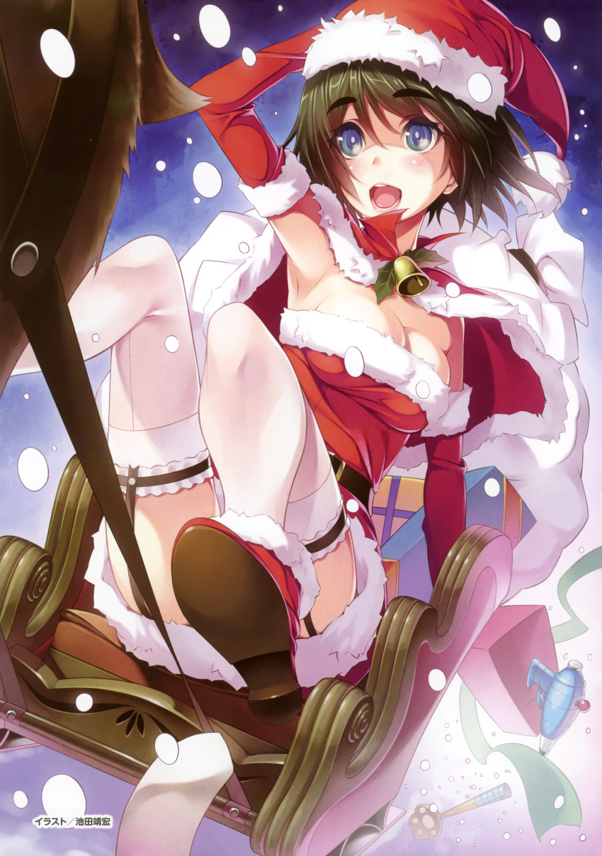 absurdres artist_request bag bell blue_eyes breasts capelet character_request cleavage elbow_gloves garter_straps gift gloves hat highres ikeda_yasuhiro reindeer santa_costume santa_hat shiina_mayuri sitting snowing solo steins;gate thigh-highs thighhighs toy_gun