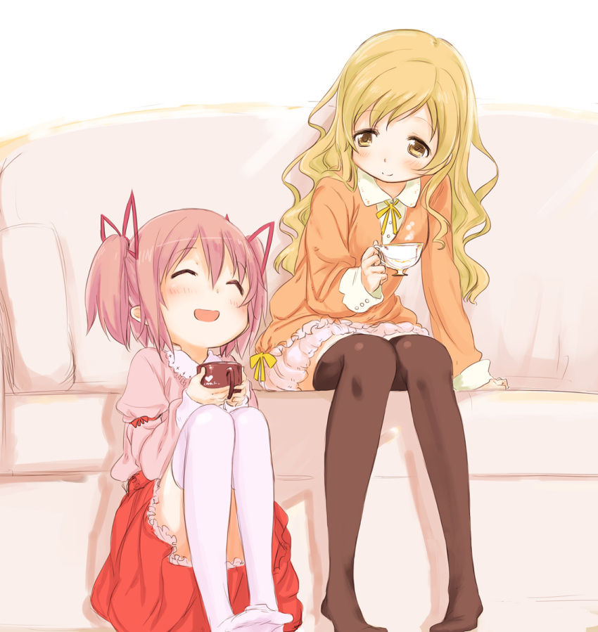 2girls alternate_hairstyle blonde_hair blush closed_eyes cup eyes_closed hair_down hair_ribbon highres kaname_madoka long_hair mahou_shoujo_madoka_magica mug pink_hair ribbon short_twintails sitting skirt smile teacup thigh-highs thighhhighs thighhighs tomoe_mami twintails yellow_eyes zettai_ryouiki