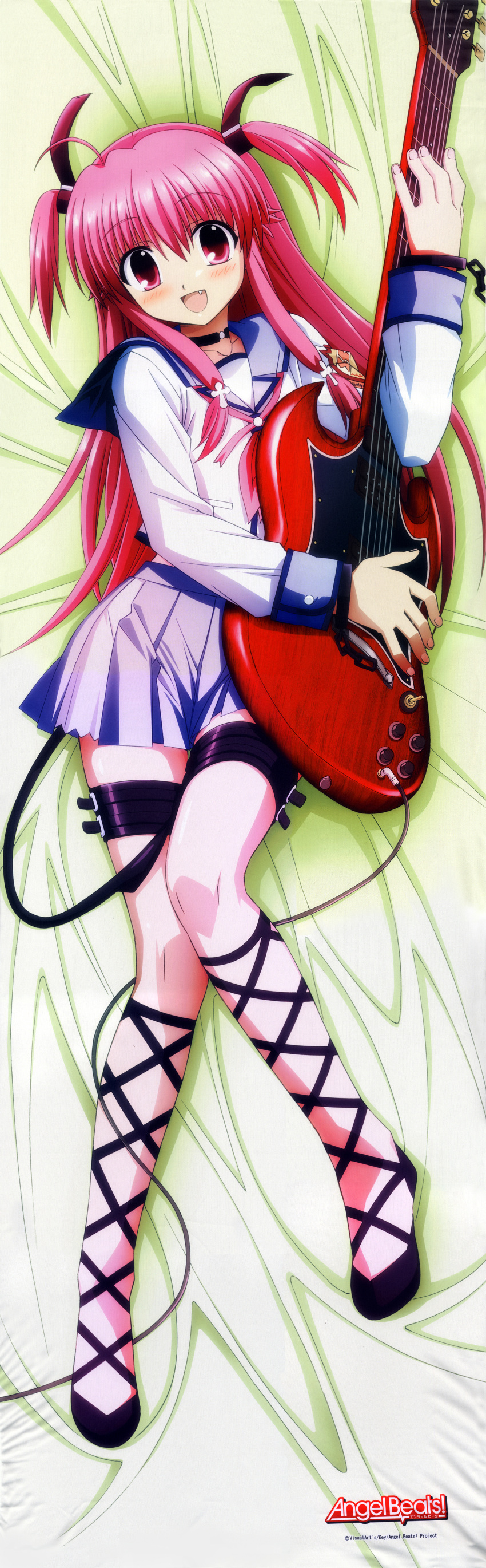 :d absurdres ahoge angel_beats! ankle_lace-up blush cross-laced_footwear dakimakura demon_tail fang guitar highres instrument legs long_hair lying on_back open_mouth pink_eyes pink_hair school_uniform serafuku short_twintails smile solo tail thigh_strap twintails two_side_up very_long_hair yui_(angel_beats!)