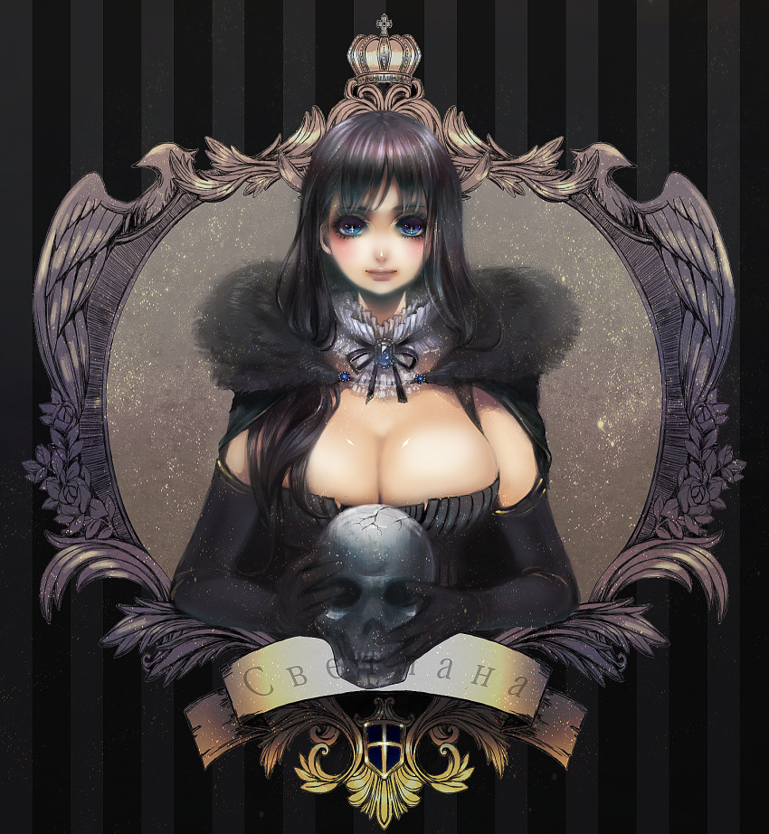 black_hair blue_eyes breasts bust bustier cleavage elbow_gloves gloves highres large_breasts lips long_hair nicole original skull smile solo