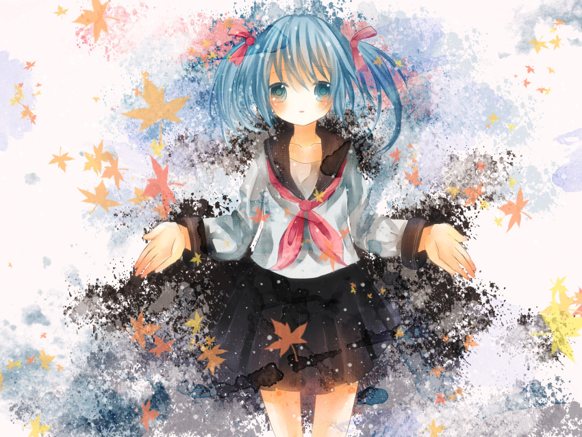 aqua_eyes autumn blue_hair bow haruka_aki_daidai_(vocaloid) hatsune_miku hinanosuke leaves seifuku twintails vocaloid