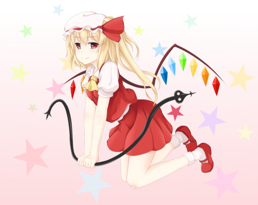1girl ascot blonde_hair bobby_socks breasts flandre_scarlet hat hat_ribbon highres laevatein looking_at_viewer mary_janes miniskirt mob_cap red_eyes red_shoes ribbon shoes side_ponytail skirt skirt_set smile socks solo star surota touhou vest wings