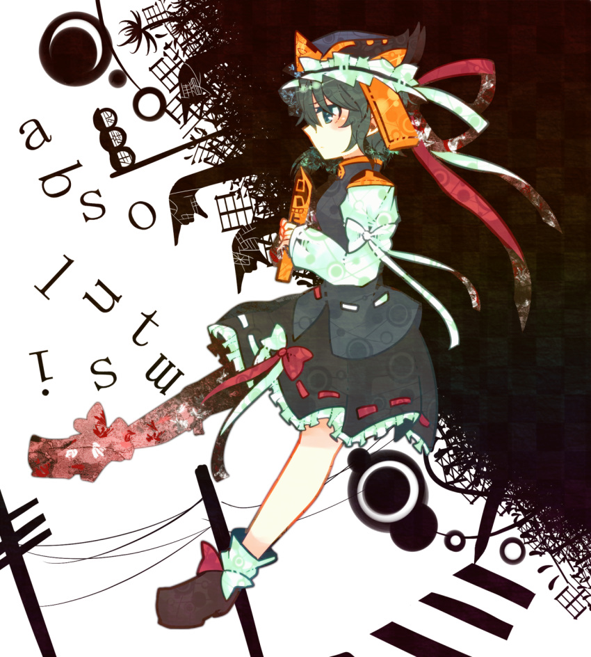 alphabet bad_id blue_eyes english footwear green_hair hat highres holding_feet long_sleeves number numbers pole ribbon ringetsumon rod_of_remorse shikieiki_yamaxanadu shoes short_hair skirt socks solo touhou white_legwear