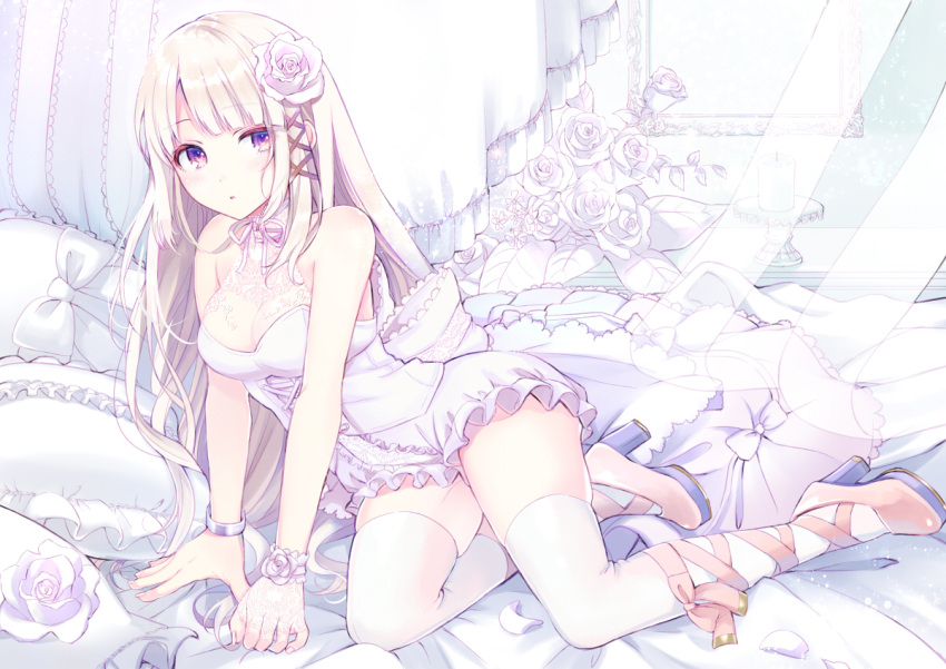 1girl arm_support bare_shoulders bed_sheet blush bow breasts commentary_request curtains dress fingernails flower frilled_dress frilled_pillow frills hair_flower hair_ornament high_heels kashiwabara_en light_brown_hair long_hair medium_breasts original pillow pink_flower red_eyes revision rose see-through shoes sidelocks sleeveless sleeveless_dress solo thigh-highs very_long_hair white_bow white_dress white_flower white_legwear white_rose