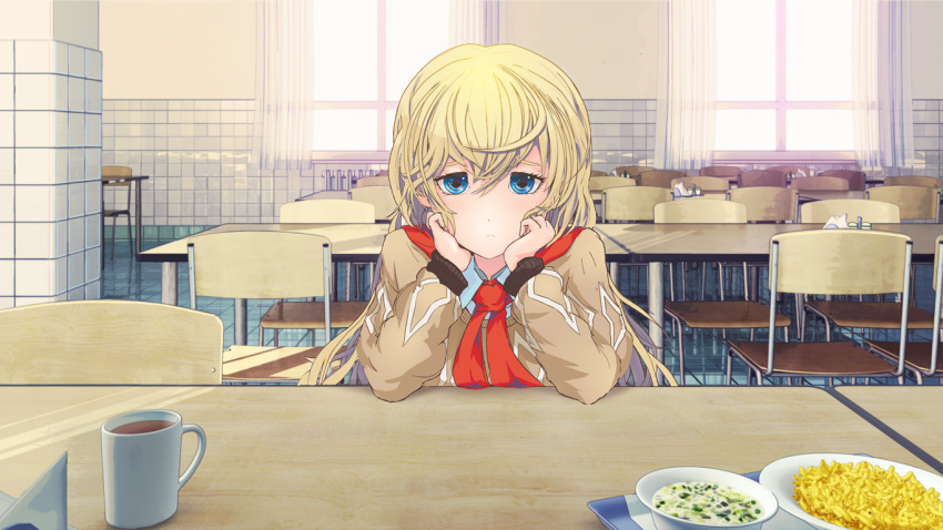 blonde_hair blue_eyes bowl chair chin_rest cup desk expressionless food indoors long_hair necktie table window wintertale