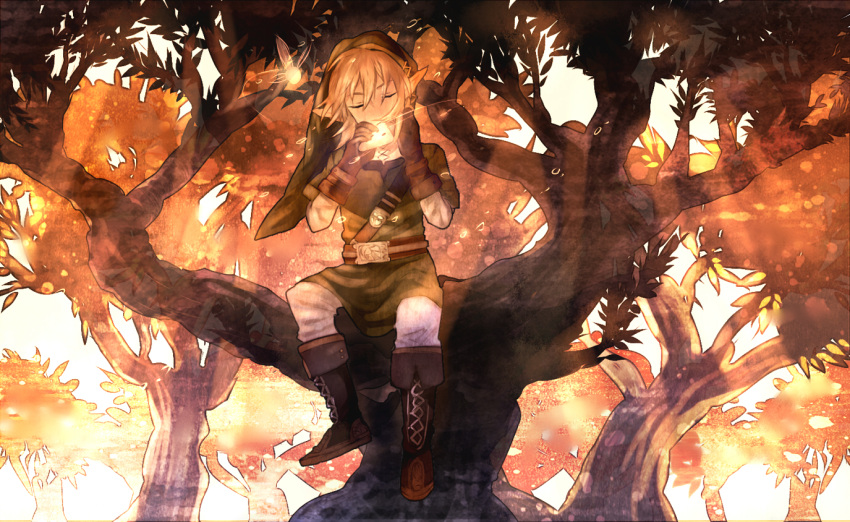 blonde_hair boots closed_eyes eyes_closed fairy gloves hat in_tree instrument link male nature navi nintendo ocarina ocarina_of_time pointy_ears popokuri sitting the_legend_of_zelda tree