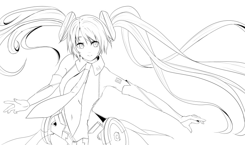 absurdres akasaka_shop bad_id elbow_gloves gloves hatsune_miku hatsune_miku_(append) highres lineart long_hair miku_append monochrome necktie smile solo twintails very_long_hair vocaloid vocaloid_append
