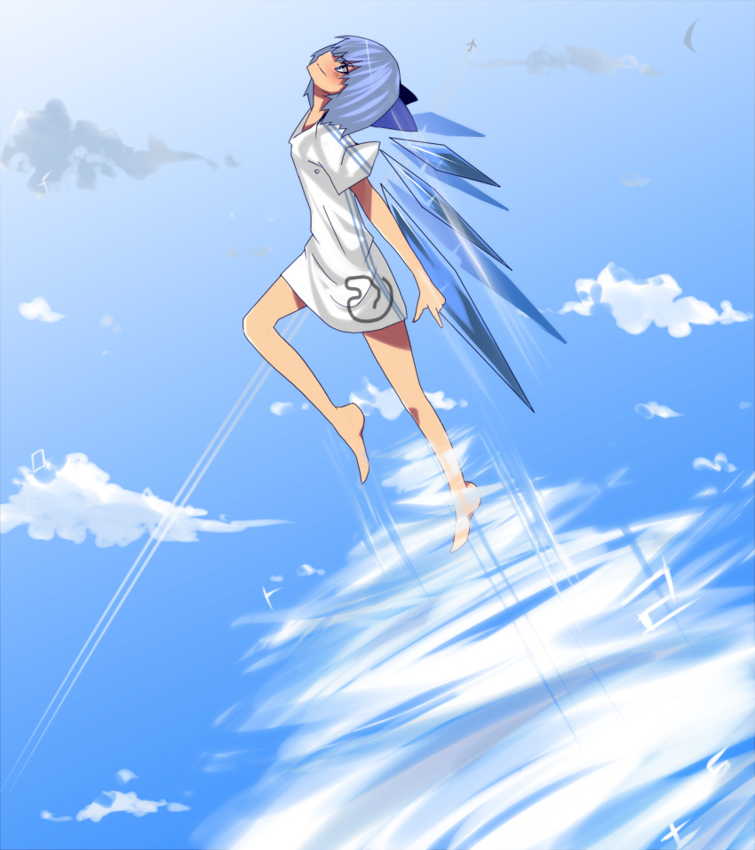 accelerator airplane alternate_costume barefoot bird blue_hair blush bottomless bow cirno cloud condensation_trail crossover flying hair_bow highres ice ice_wings jont no_pants no_shoes short_hair sky smile solo to_aru_majutsu_no_index touhou wings