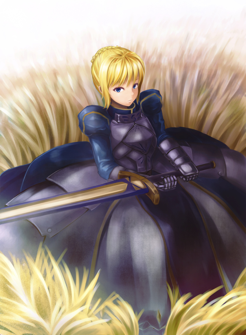 ahoge armor armored_dress avalon_(fate/stay_night) bad_id blonde_hair dress excalibur fate/stay_night fate_(series) field highres irohasu saber sheath sheathed solo sword weapon