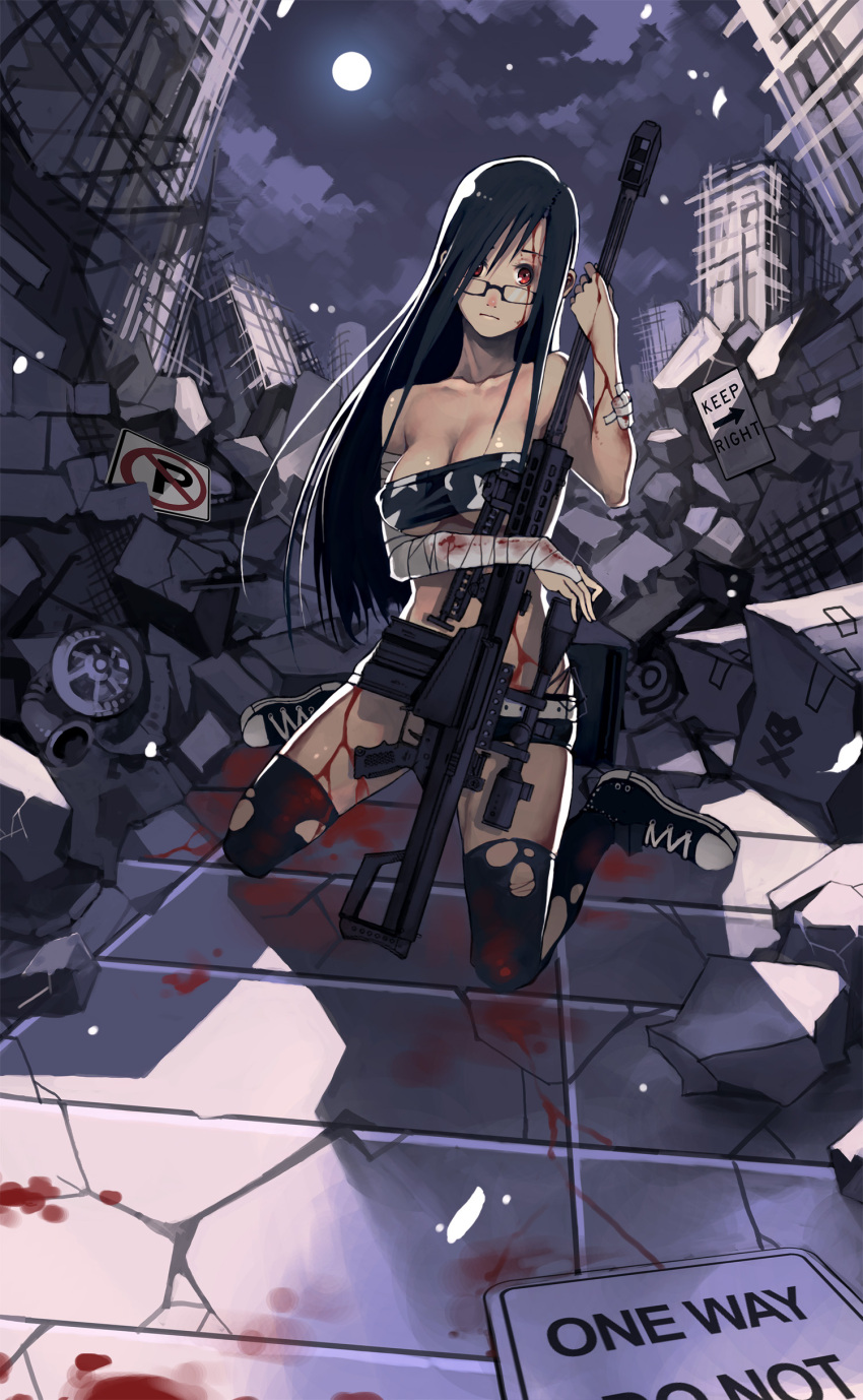 absurdres anti-materiel_rifle bandage bandages barrett_m82 belt black_hair black_legwear blood breasts cleavage cloud cotton cotton_(cottontan) english full_moon glasses gun highres injury kneeling large_breasts long_hair looking_at_viewer m82a1 midriff moon night night_sky original red_eyes rifle rubble ruins shorts sign sky sniper_rifle solo thigh-highs thighhighs torn_clothes weapon