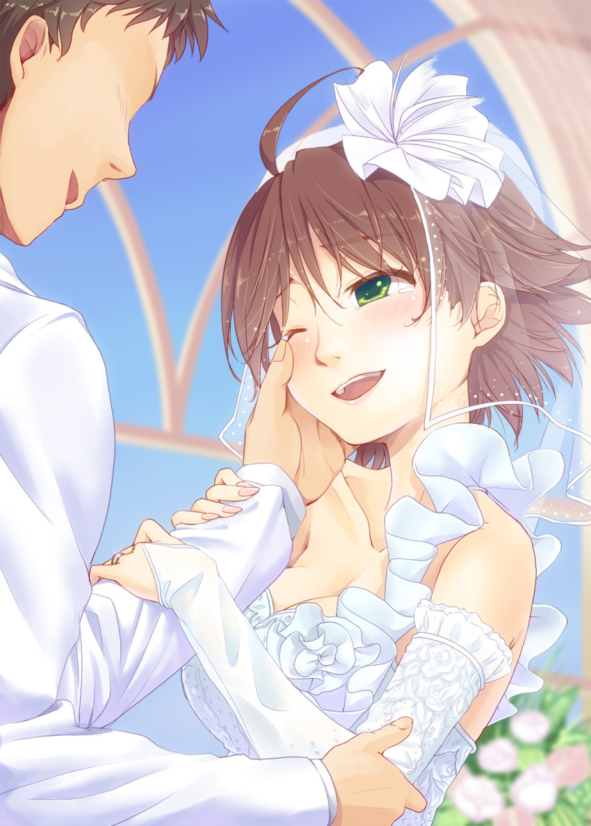 1boy 1girl blurry blush breasts bridal_gauntlets bride cleavage collarbone couple depth_of_field dress frills hand_on_another's_cheek hand_on_another's_face hand_on_another's_cheek hand_on_another's_face highres short_hair smile wedding wedding_dress