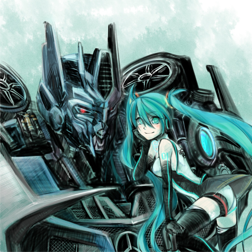 aqua_eyes aqua_hair chin_rest couple elbow_gloves gloves hatsune_miku long_hair project_diva project_diva_extend rkp smile soundwave thigh-highs thighhighs transformers twintails very_long_hair vocaloid