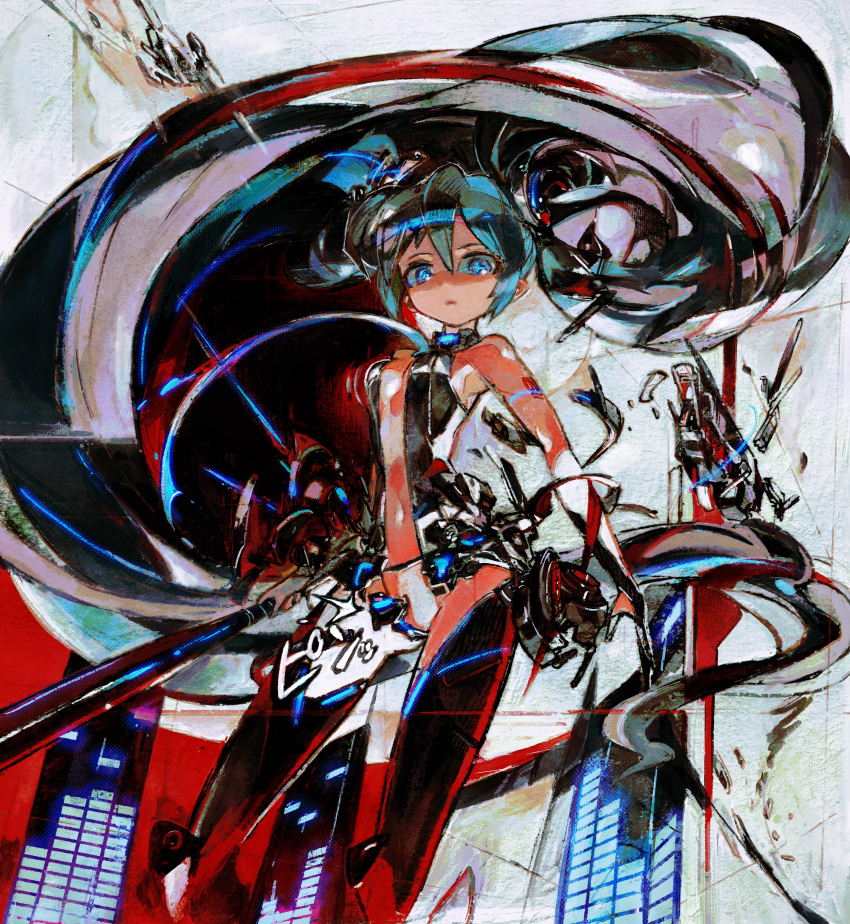 absurdres aqua_eyes faux_traditional_media hatsune_miku hatsune_miku_(append) highres jnt jnthed long_hair miku_append navel solo thigh-highs thighhighs very_long_hair vocaloid vocaloid_append wardrobe_malfunction zettai_ryouiki