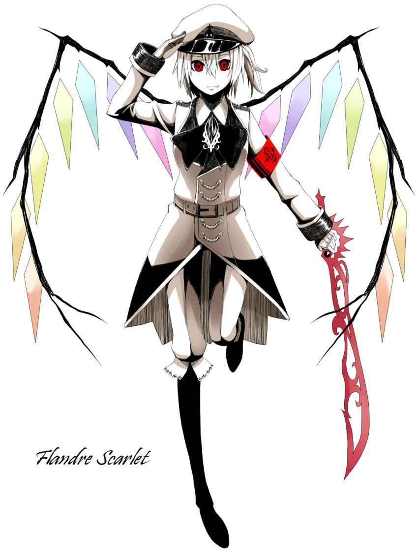 alternate_costume alternate_hairstyle bisuke_(k_step2009) character_name fang flandre_scarlet gloves hat highres k_step2009 light_smile looking_at_viewer military military_cap red_eyes salute short_hair side_ponytail simple_background solo spot_color sword the_embodiment_of_scarlet_devil touhou weapon wings