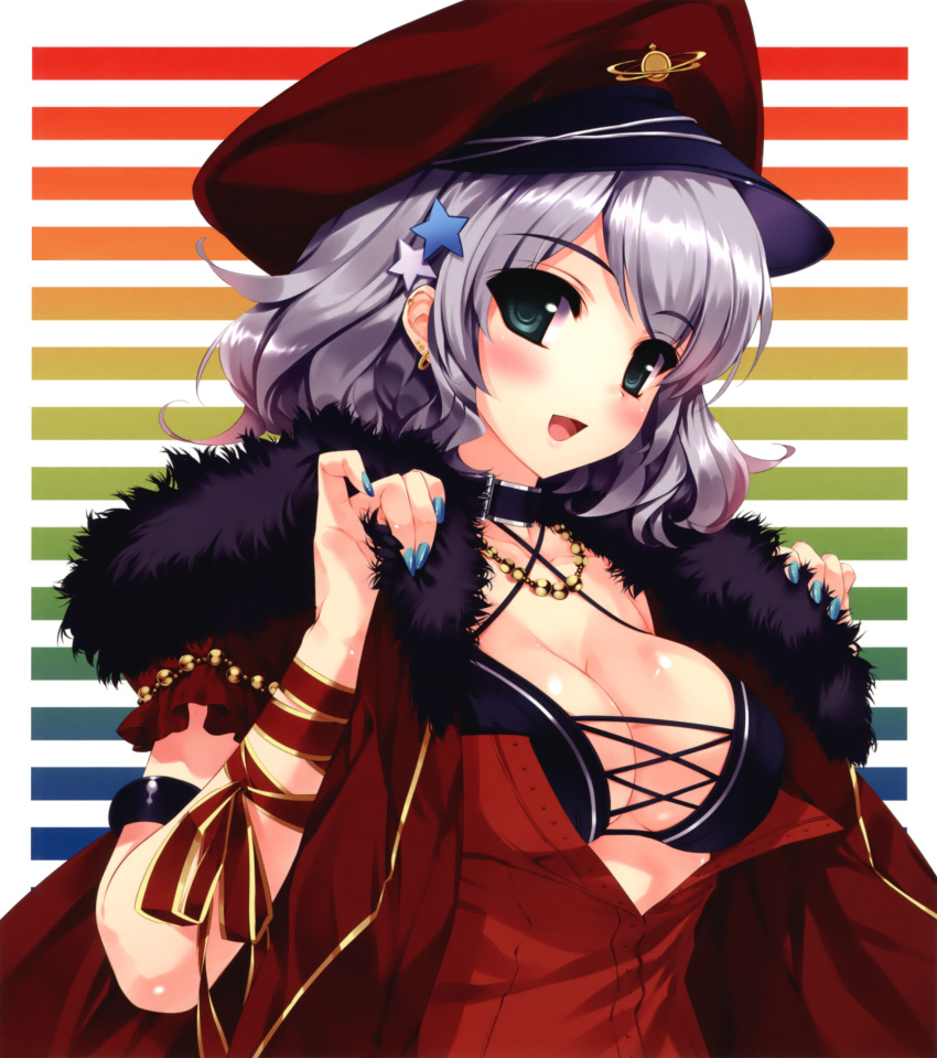 :d absurdres blush breasts cleavage copyright_request earrings green_eyes hair_ornament hat highres jewelry misaki_kurehito nail_polish open_clothes open_mouth open_shirt peaked_cap short_hair silver_hair smile solo star