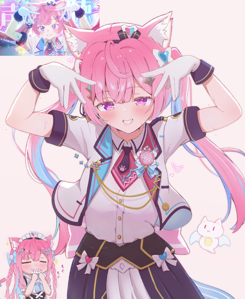 1girl ahoge animal_ears black_corset black_hairband black_necktie black_skirt blue_bow blue_hair blue_ribbon blush bow braid brooch cat_ears cat_girl cat_hair_ornament cat_tail closed_eyes collared_shirt commentary_request corset dress ghost_hair_ornament gloves grin hair_bow hair_ornament hairband hairclip heart heart_print highres indie_virtual_youtuber jacket jewelry kazamichiru long_hair maid_headdress mouth_hold multicolored_hair neck_ribbon necktie pink_background pink_dress pink_eyes pink_hair pink_lips pink_tail reference_inset ribbon shirt short_sleeves simple_background skirt smile solo_focus star_(symbol) star_hair_ornament tail tail_ornament tail_ribbon teeth translation_request twintails two-tone_hair two_side_up virtual_youtuber white_bow white_gloves white_jacket white_shirt yuuki_sakuna yuuki_sakuna_(3rd_costume)