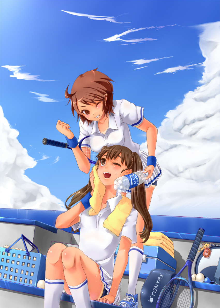 ahoge blush bottle brown_hair chinya cloud clouds highres kazane_chinya long_hair multiple_girls original pocari_sweat racket short_hair skirt sky sportswear sweat teeth tennis tennis_racket tennis_uniform twintails wink