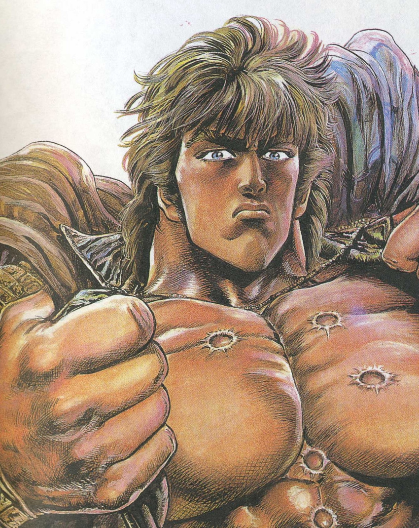 hara_tetsuo highres hokuto_no_ken kenshiro kenshirou male manly muscle open_clothes open_jacket scar scowl solo